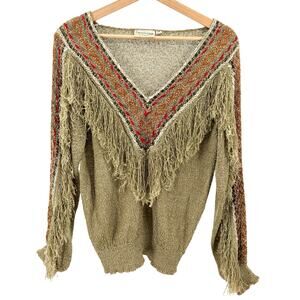 Vintage 80s French Rags Olive Fringe Trim Southwestern Sweater